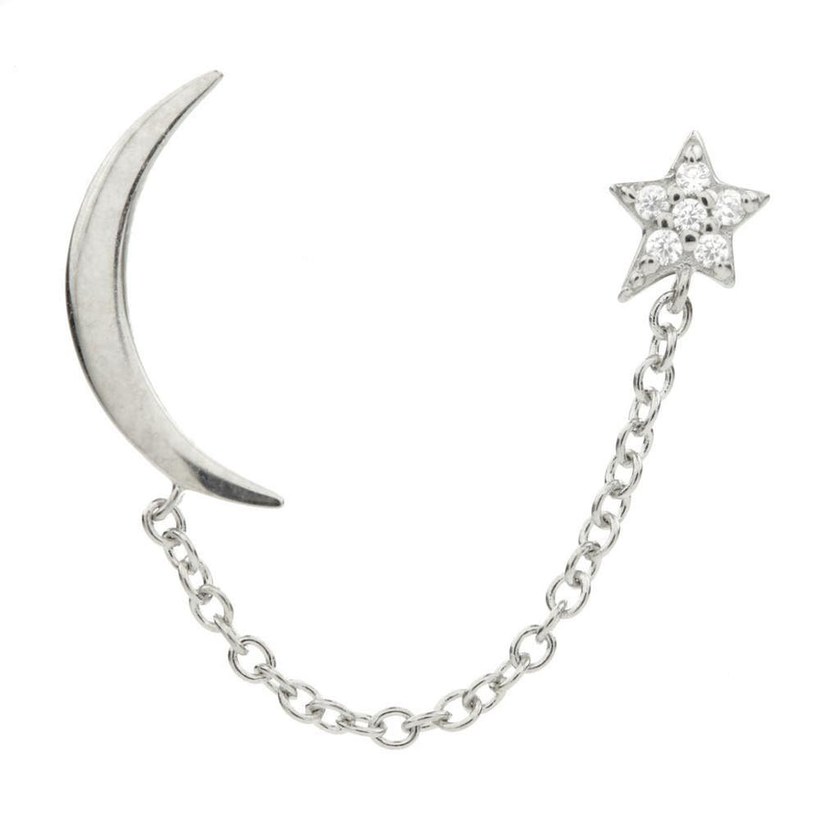 Sterling Silver Moon & Pavé Crystal Star Chain Linked Double Piercing Stud Earring - ZuZu Jewellery