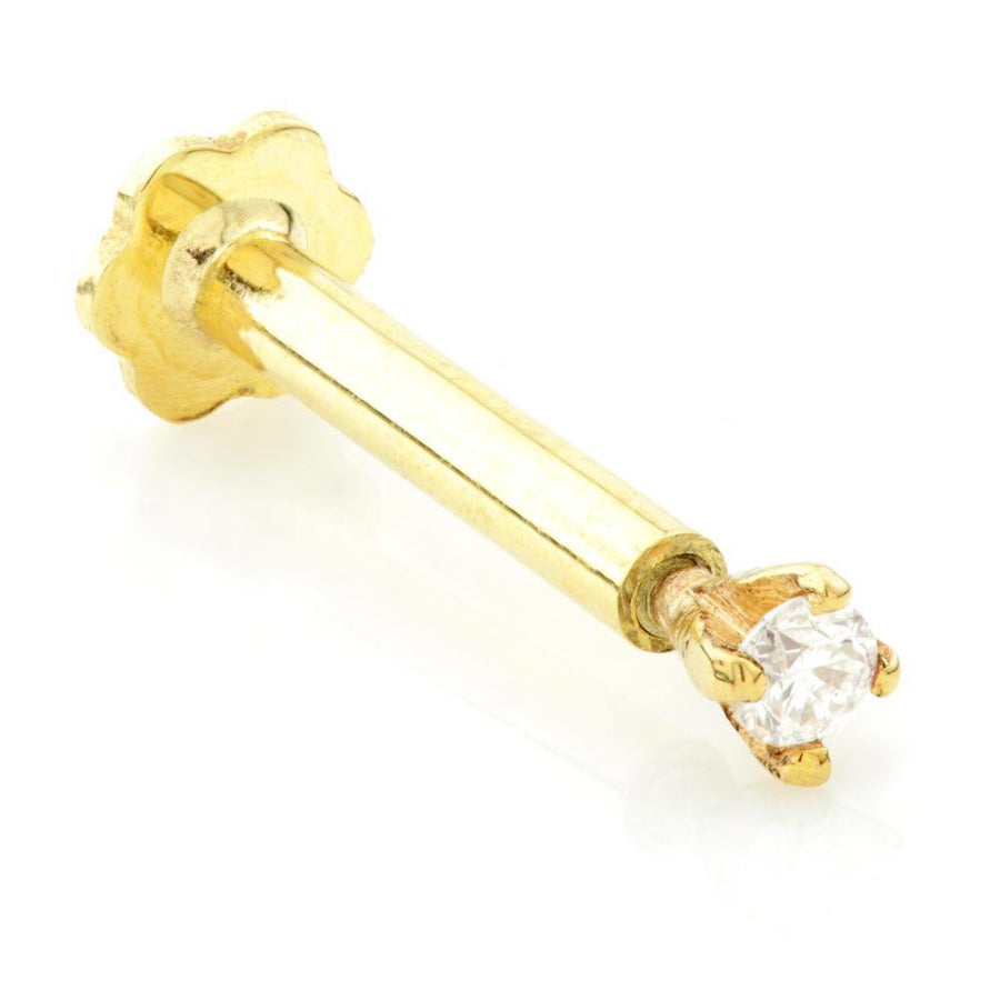 Claw-Set Diamond Solid Gold Cartilage Tragus / Shen Men Labret Bar Earring - ZuZu Jewellery