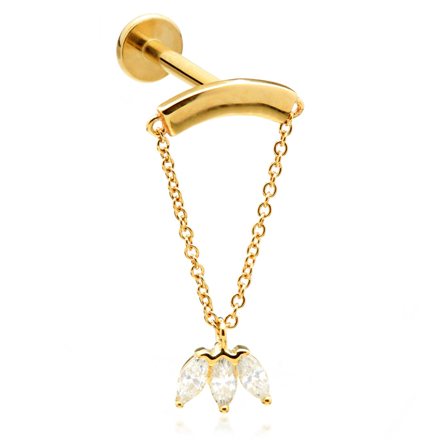 14ct Gold Hanging Chain with Triple Marquise Gem Labret Internal Thread Cartilage Bar Earring - ZuZu Jewellery