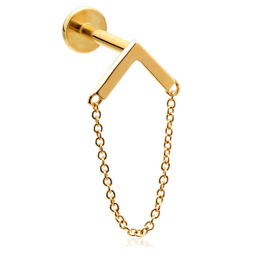 14ct Gold V with Hanging Chain Labret Cartilage Bar Earring - ZuZu Jewellery