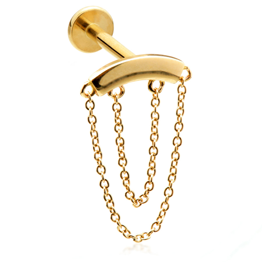 14ct Yellow Gold Double Hanging Chain Labret Internal Thread Cartilage Bar Earring Tragus Shen Men - ZuZu Jewellery