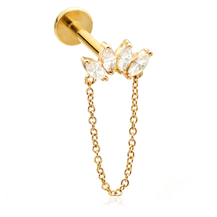 14ct Gold Marquise Gem Cluster with Hanging Chain Labret Cartilage Bar Earring - ZuZu Jewellery
