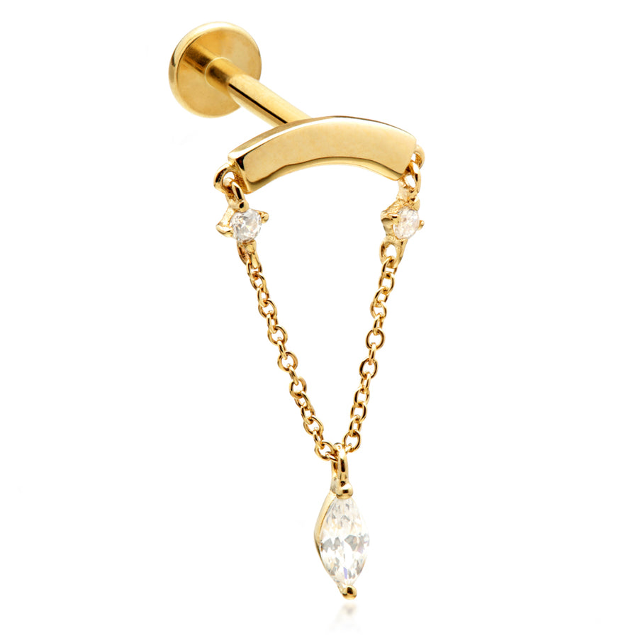 14ct Gold Hanging Chain with Marquise Gem Labret Cartilage Bar Earring - ZuZu Jewellery