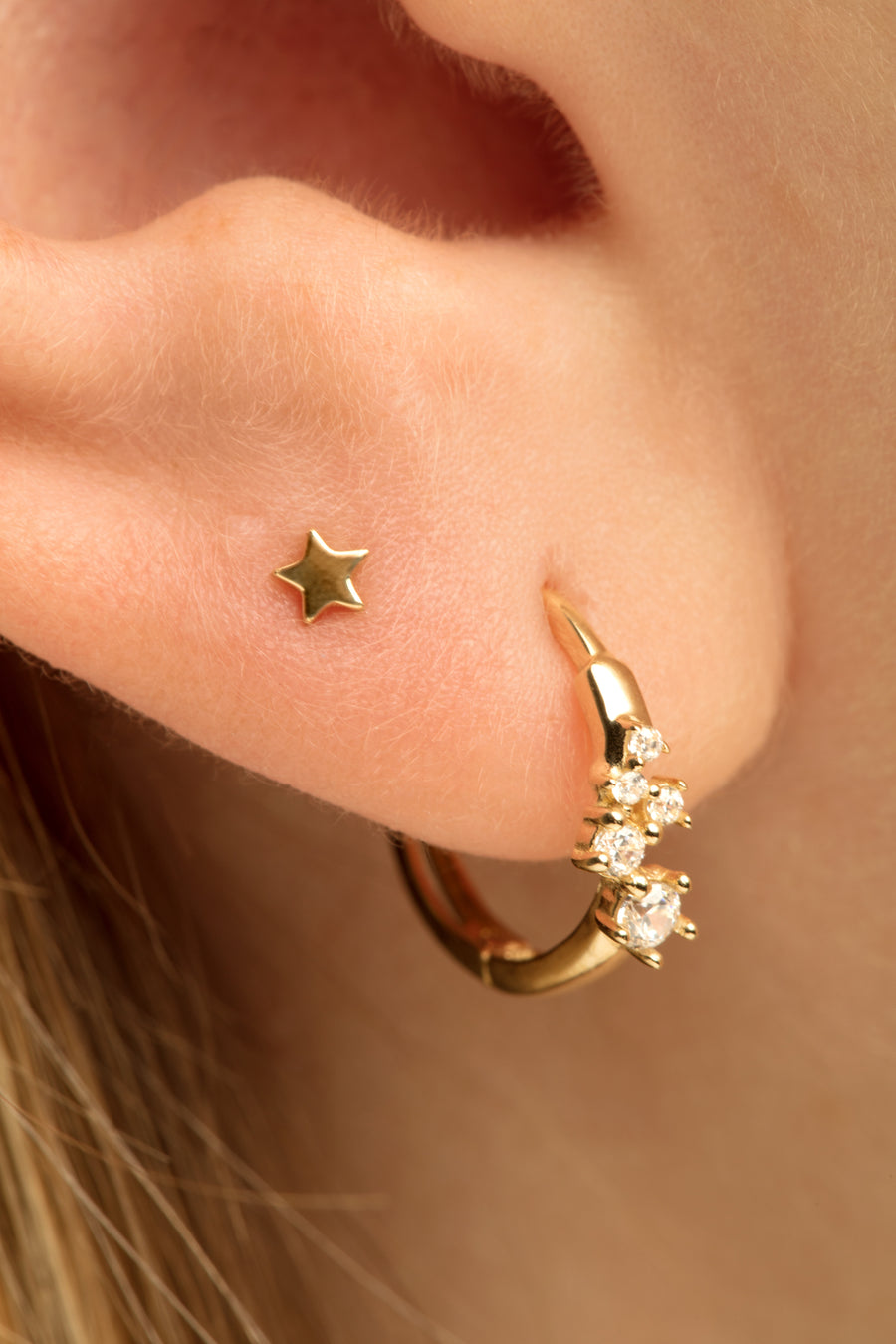 9ct Gold Crystal Stars Hoop Huggie Earring